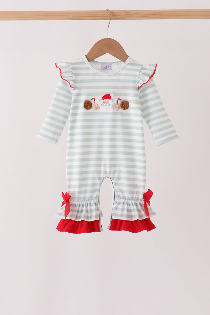 Gray stripe santa french knot ruffle romper