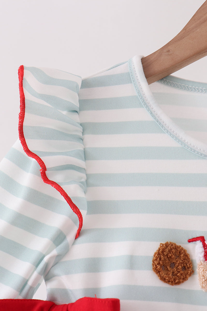 Gray stripe santa french knot ruffle dress