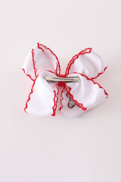 Red gingerbread embroidery crochet edge hair bow
