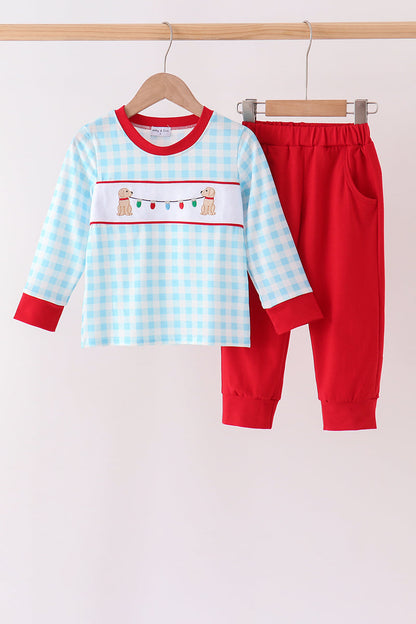 Blue puppy embroidery gingham jogger set