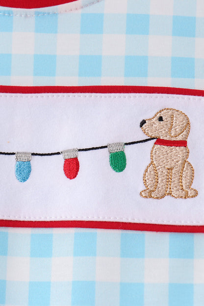Blue puppy embroidery gingham jogger set