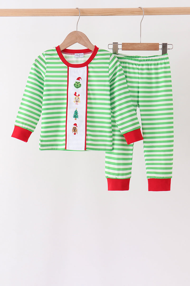 Green stripe grinch embroidery pajama set