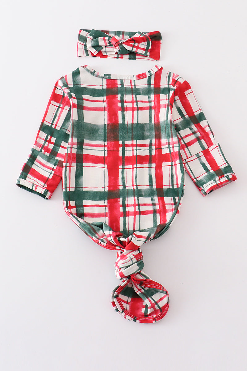 Green plaid hairband baby gown