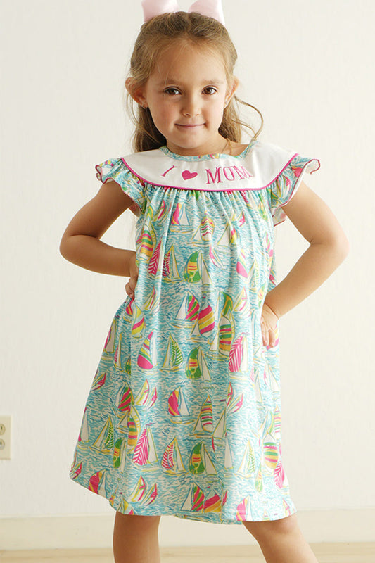 Green sailboat love I love MOM embroidery girl dress