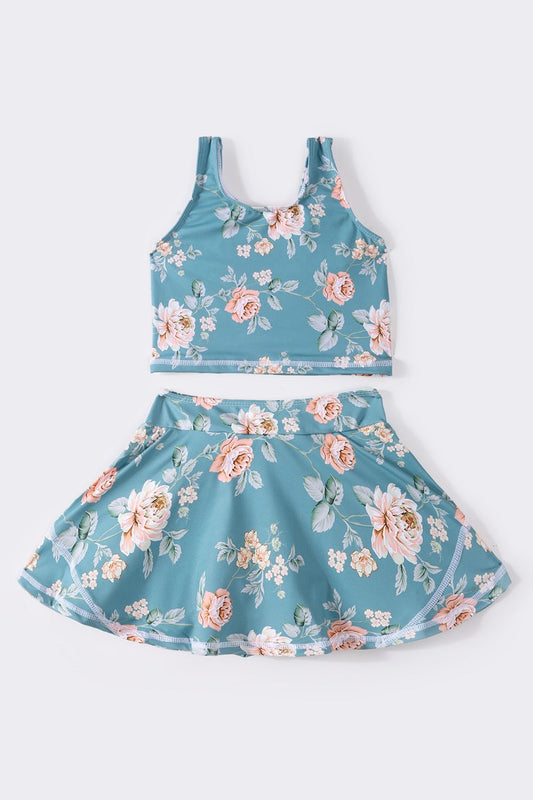 Teal floral print girl 2pc swimsuit