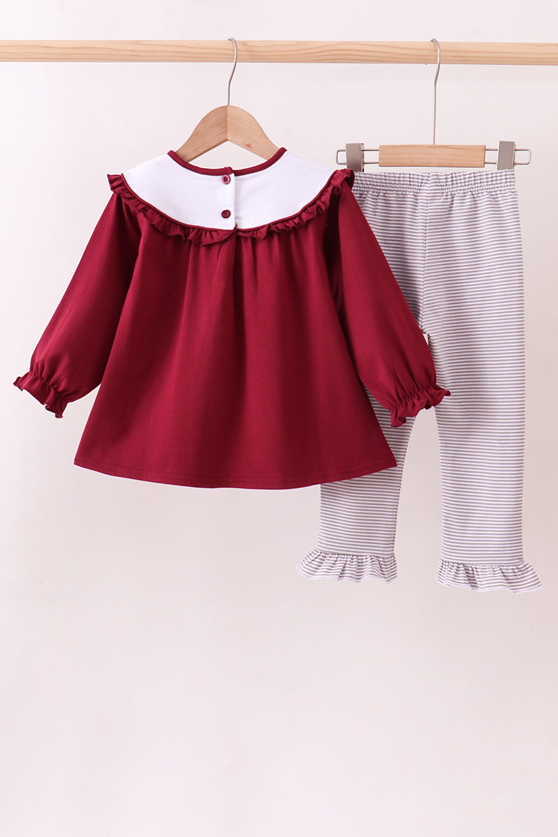 Premium Maroon Georgia bulldog bow embroidery ruffle pants set