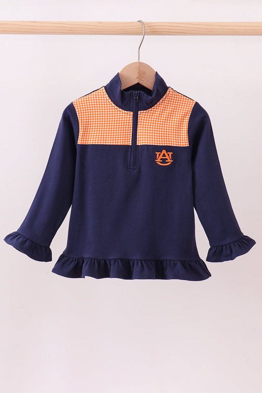 Premium Navy Auburn embroidery ruffle top
