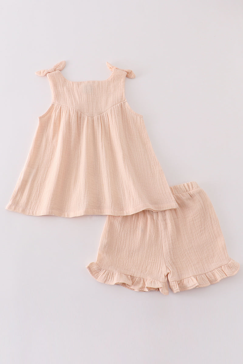 Premium Apricot muslin bow shorts set