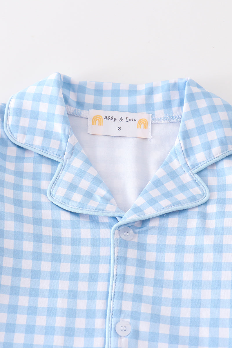 Premium Blue plaid boy button down pajamas set