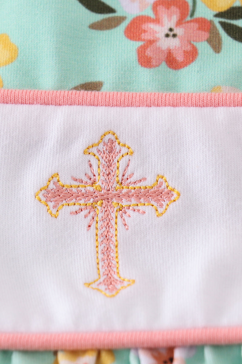 Premium green floral cross embroidery girl bubble