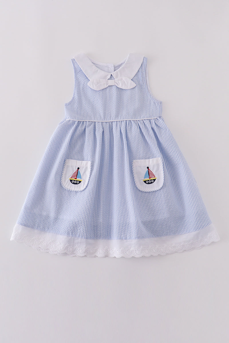 Abby & Evie Blue Sailboat Embroidery Dress