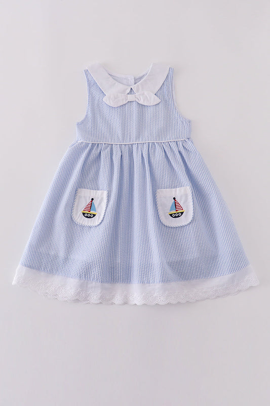 Abby & Evie Blue Sailboat Embroidery Dress