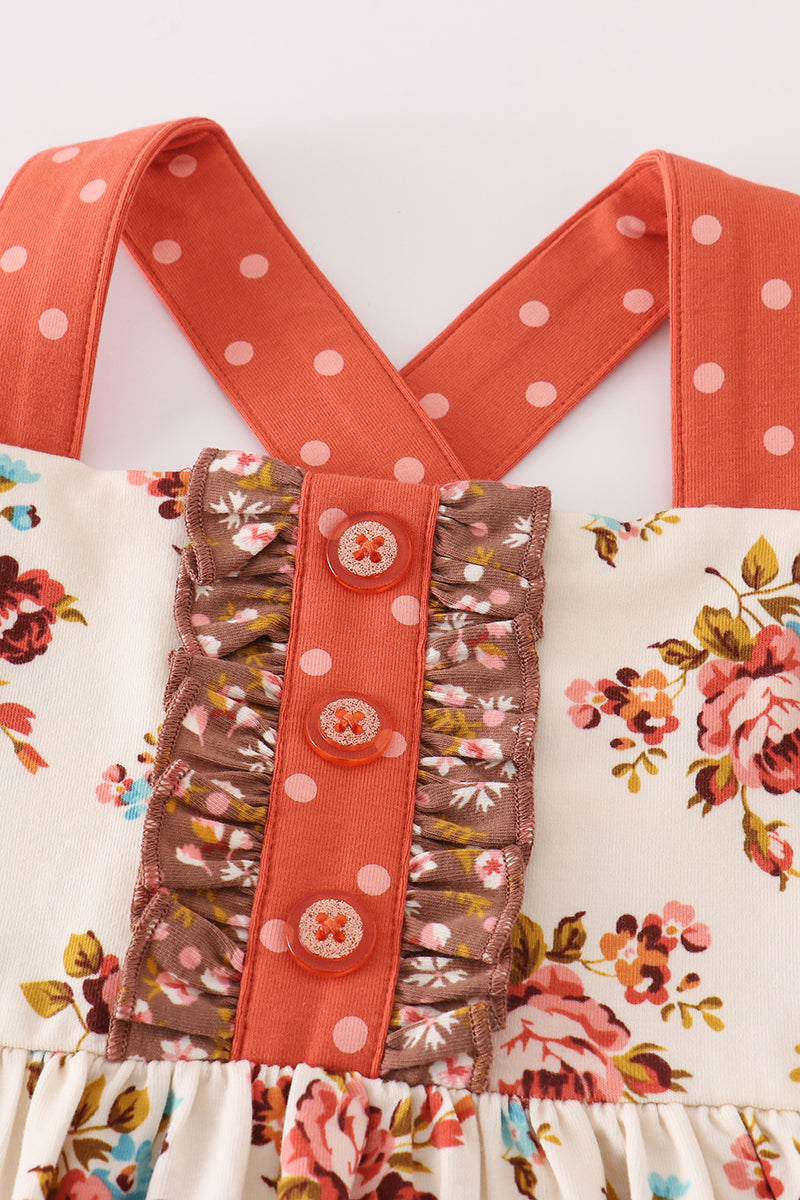 Platinum rust floral print  apron ruffle dress