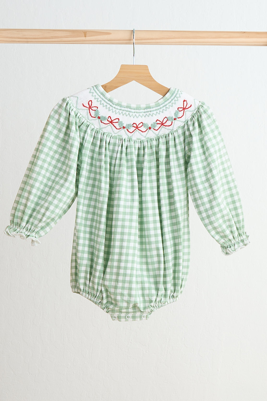 Green bow tie hand smocked gingham girl bubble