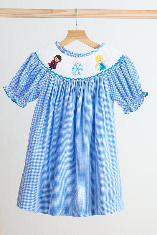 Blue snow princess hand smocked gingham dress