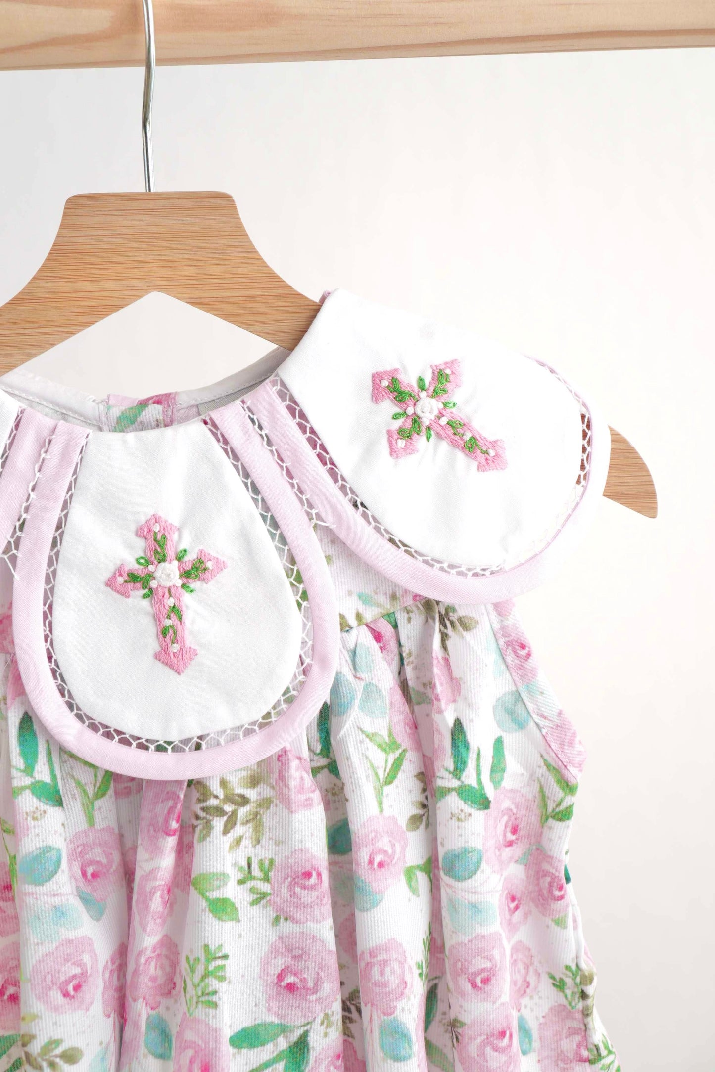 Pink easter cross emrboidery floral girl dress