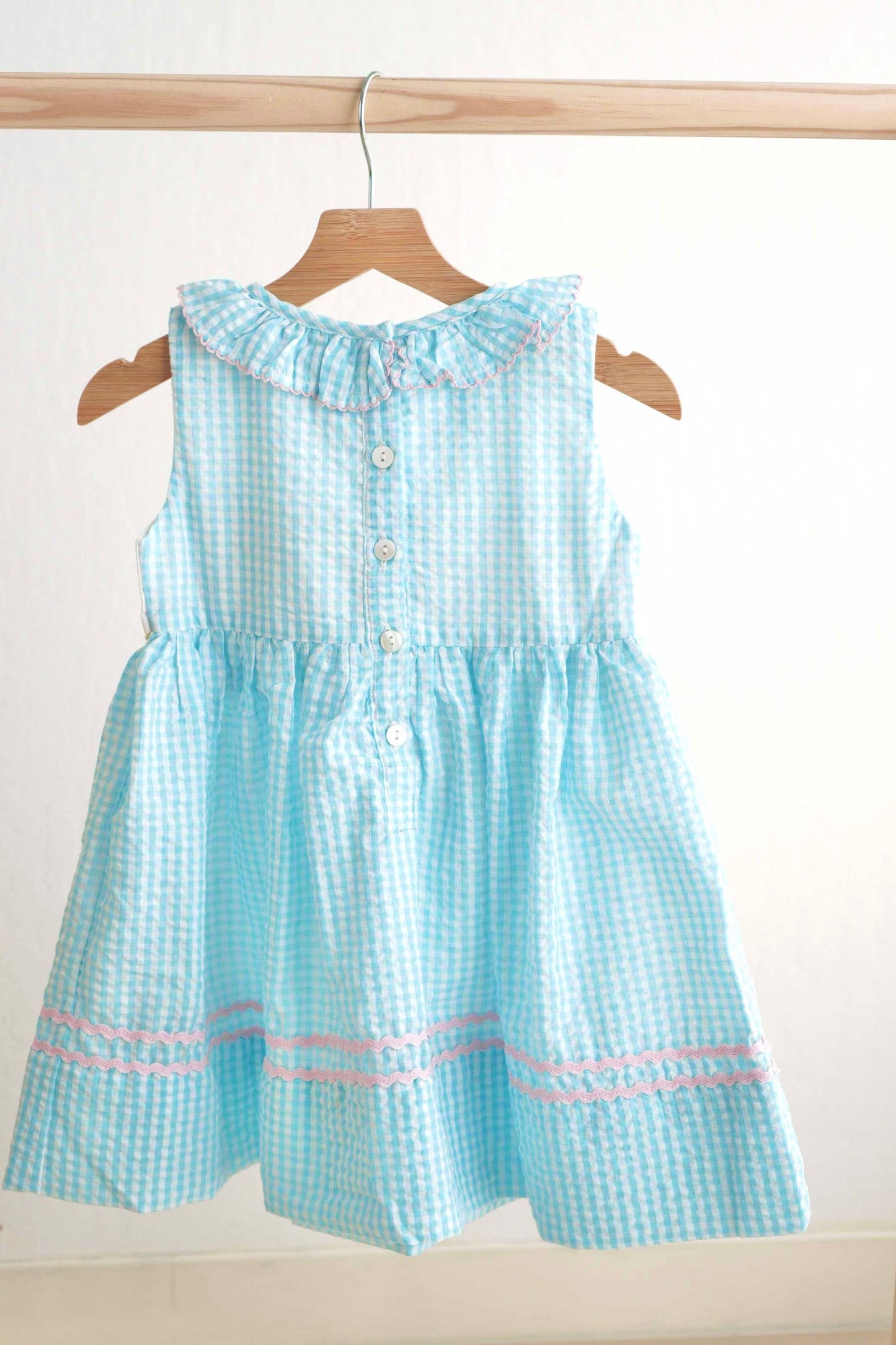 Blue easter bunny egg french knot girl gingham seersucker dress