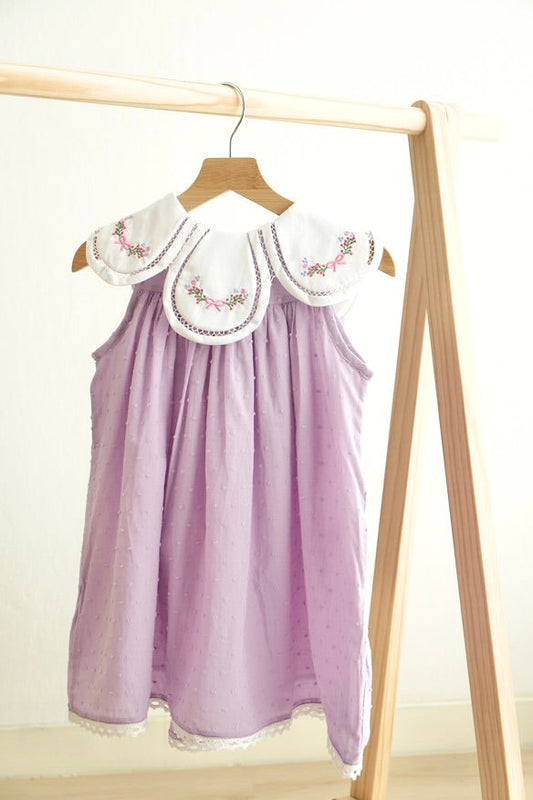 Lavender floral bow embroidery swiss dot girl dress