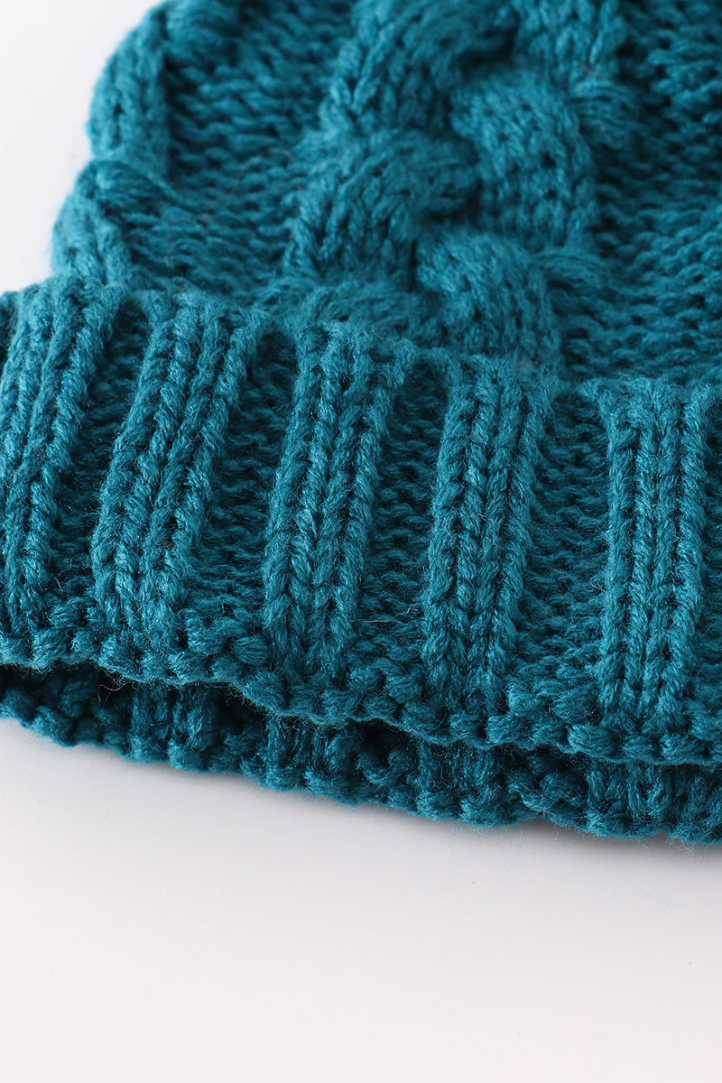 Teal pompom cable beanie