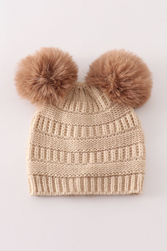 Beige double pompom cable beanie