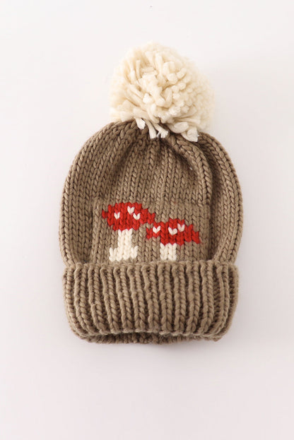 Brown pompom mushroom cable beanie hat