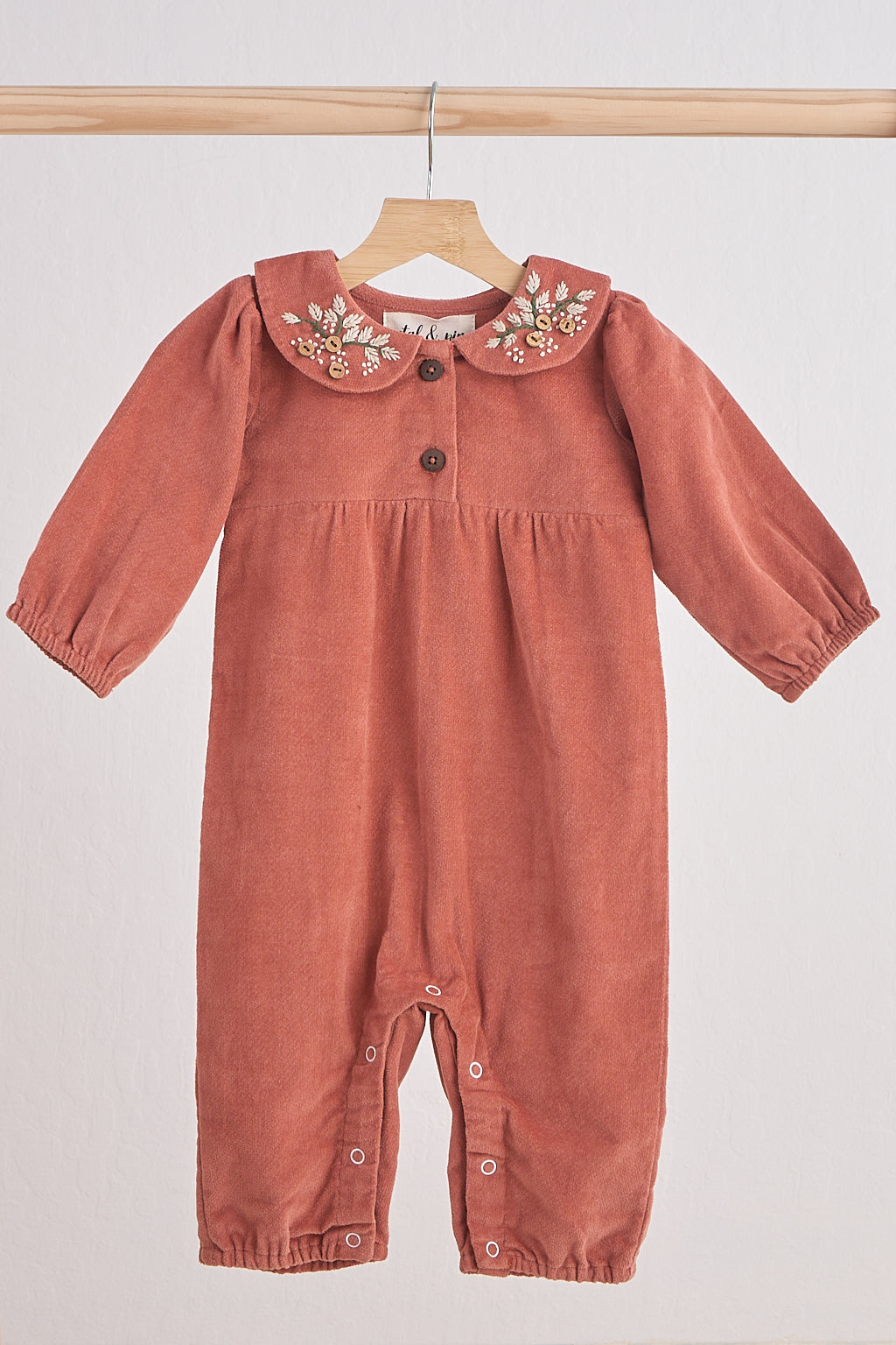 Rust floral embroidery velveteen girl romper