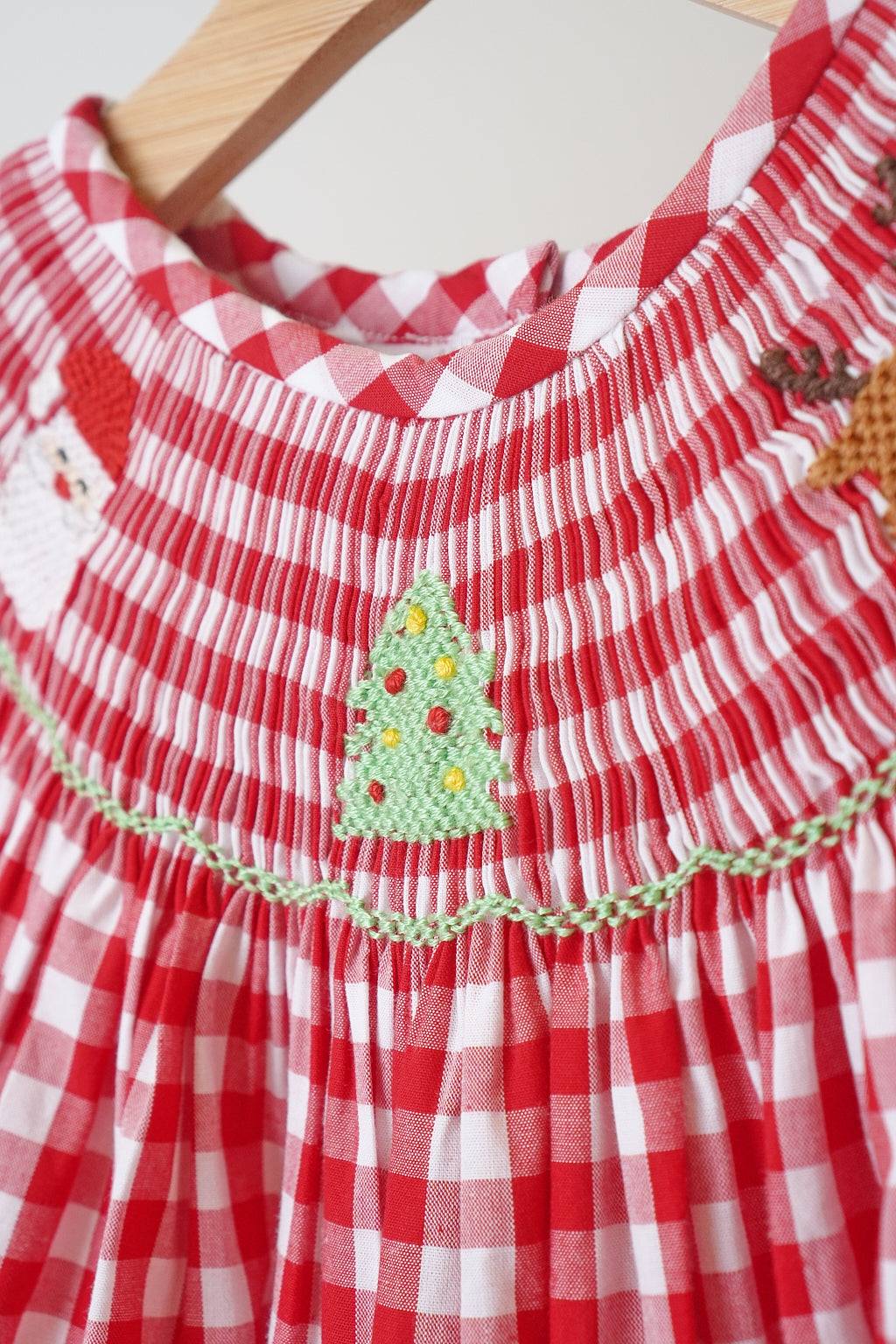 Red christmas santa tree reindeer hand smocked gingham dress