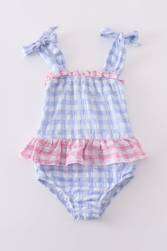 Blue seersucker gingham one-piece girl swimsuit