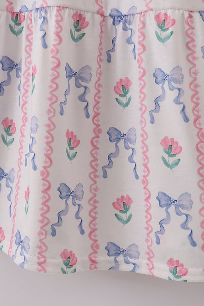 Blue floral bow print smocked mom dress