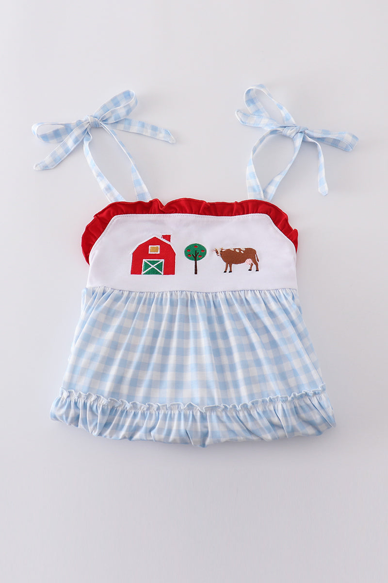 Blue farm embroidery tiered dress