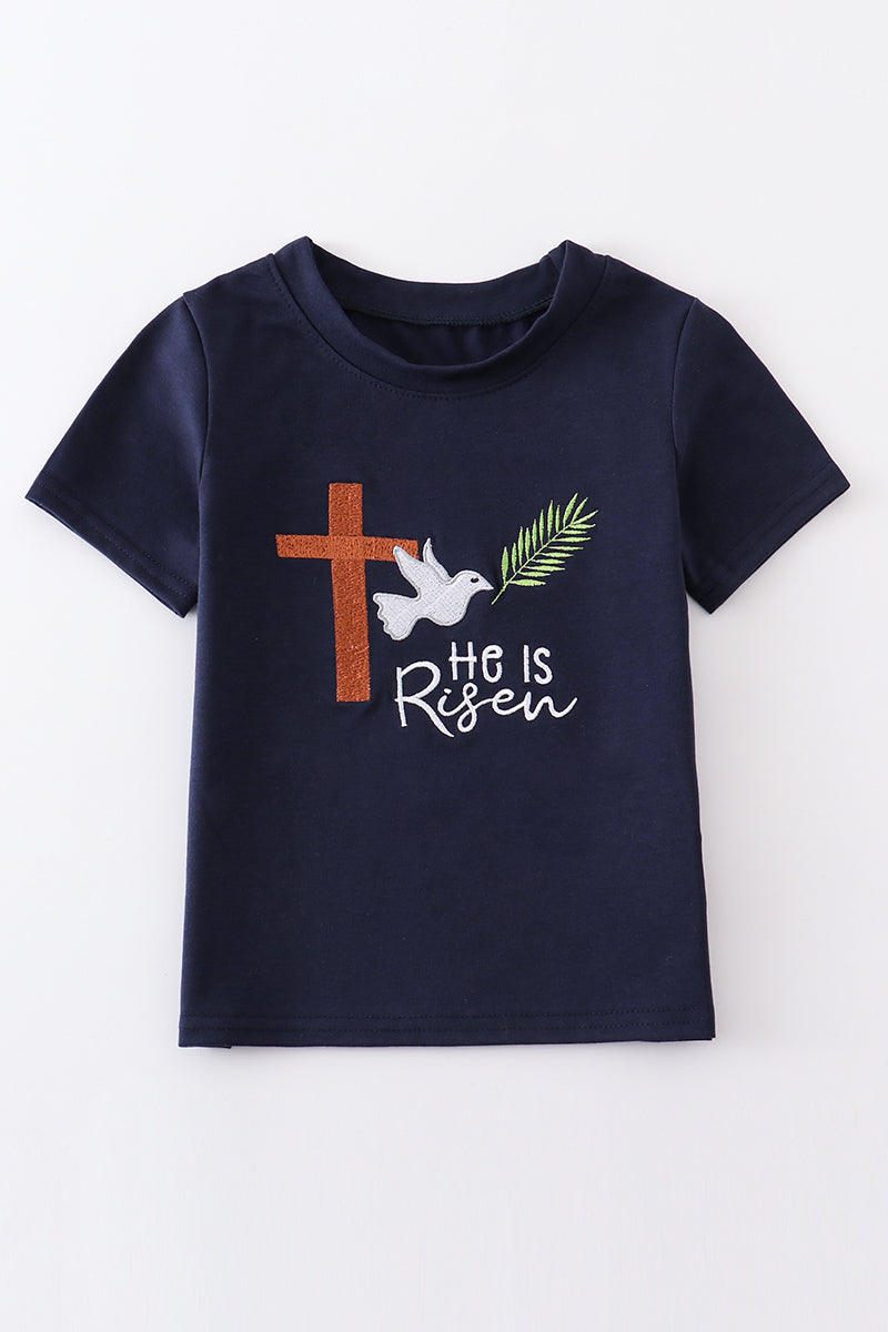 Navy he is risen embroidery boy top