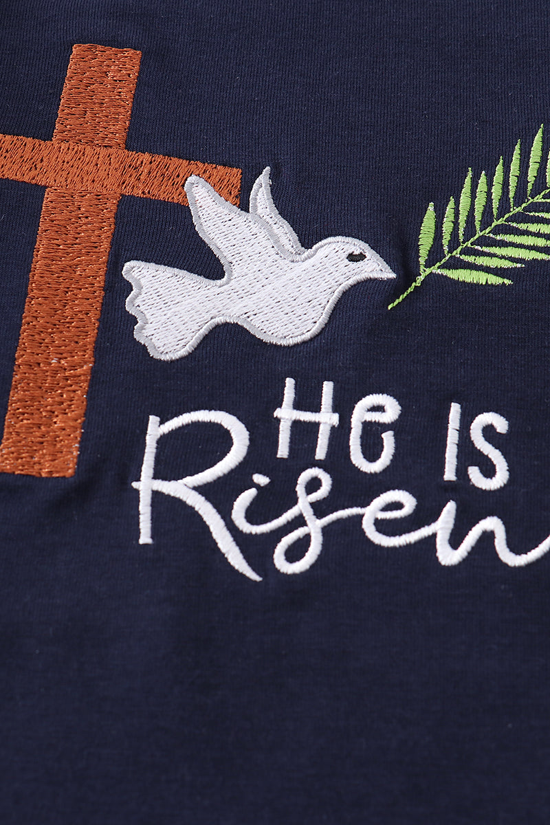 Navy he is risen embroidery boy top