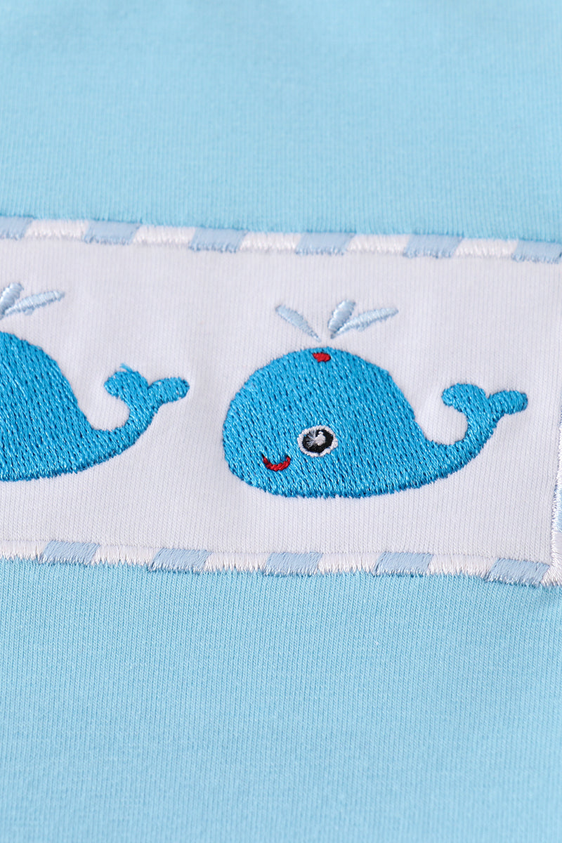 Blue seersucker whale embroidery set