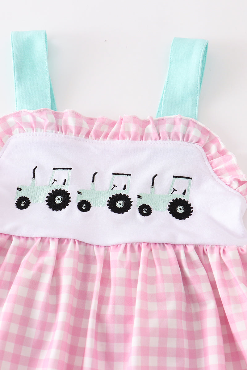 Pink tractor embroidery plaid girl set