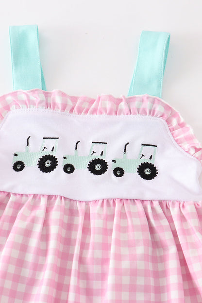 Pink tractor embroidery plaid girl set
