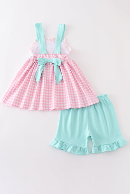 Pink tractor embroidery plaid girl set