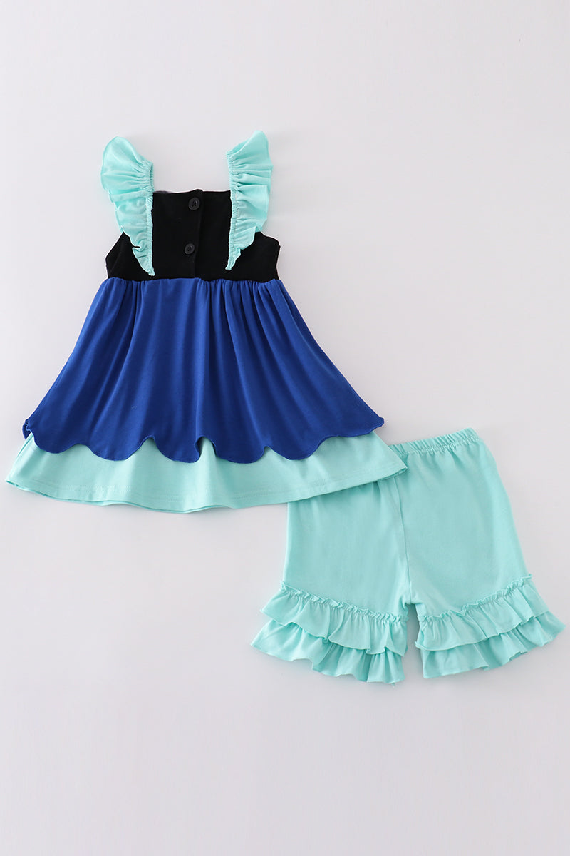 Navy Anna embroidery ruffle girl set