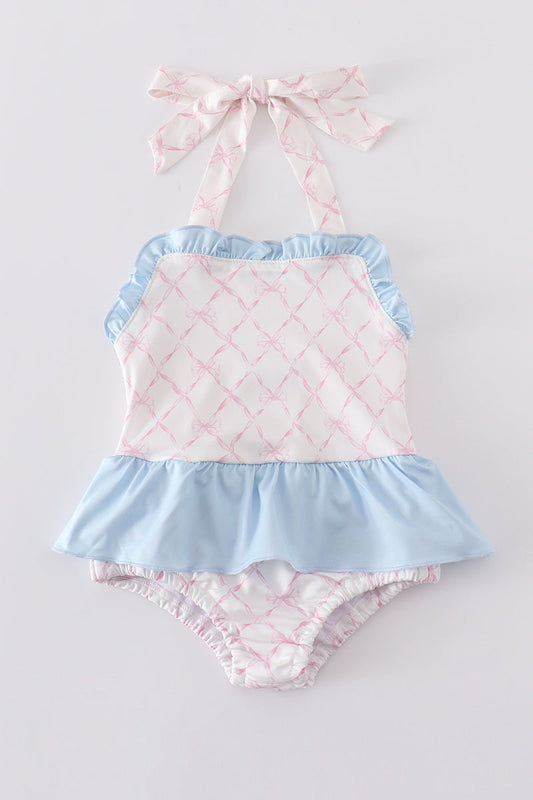 Pink bow print smocked one-piece girl swimsuit