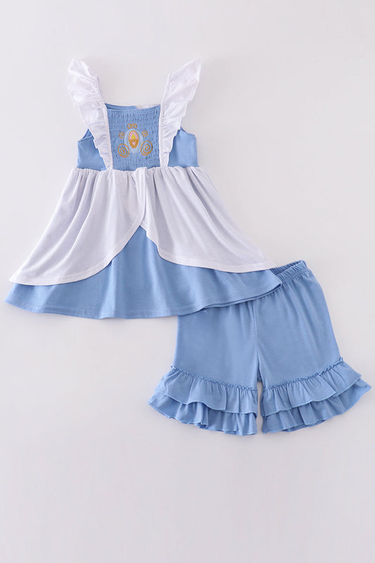 Blue Cinderella smocked girl set