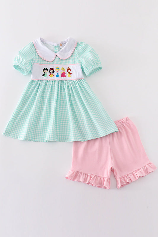 Green princess embroidery girl gingham set