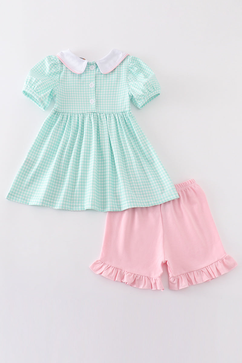 Green princess embroidery girl gingham set