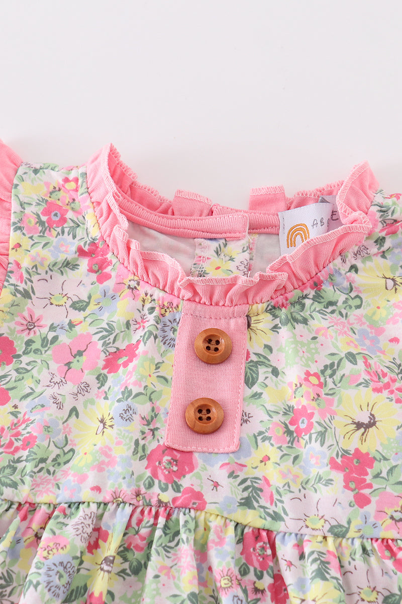 Pink floral print girl ruffle bubble