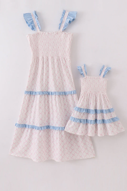 Pink bow smocked mom&me tiered dress