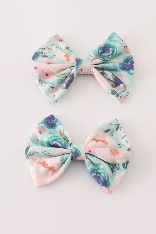 Green garden serenity print girl piggie hair bow