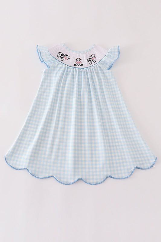 Blue cow embroidery smocked girl dress