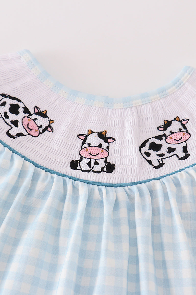 Blue cow embroidery smocked girl dress