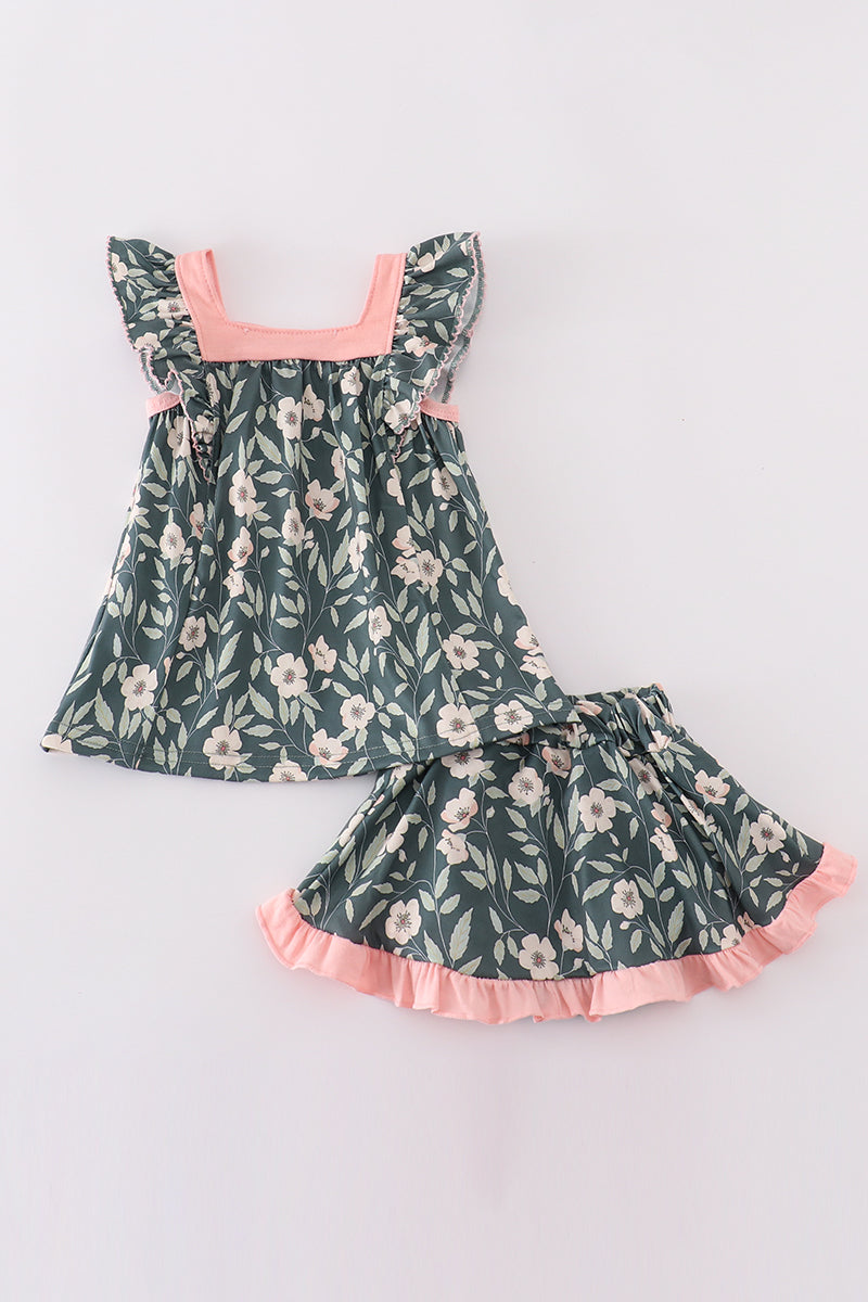 Green forest bloom print girl bloomer set