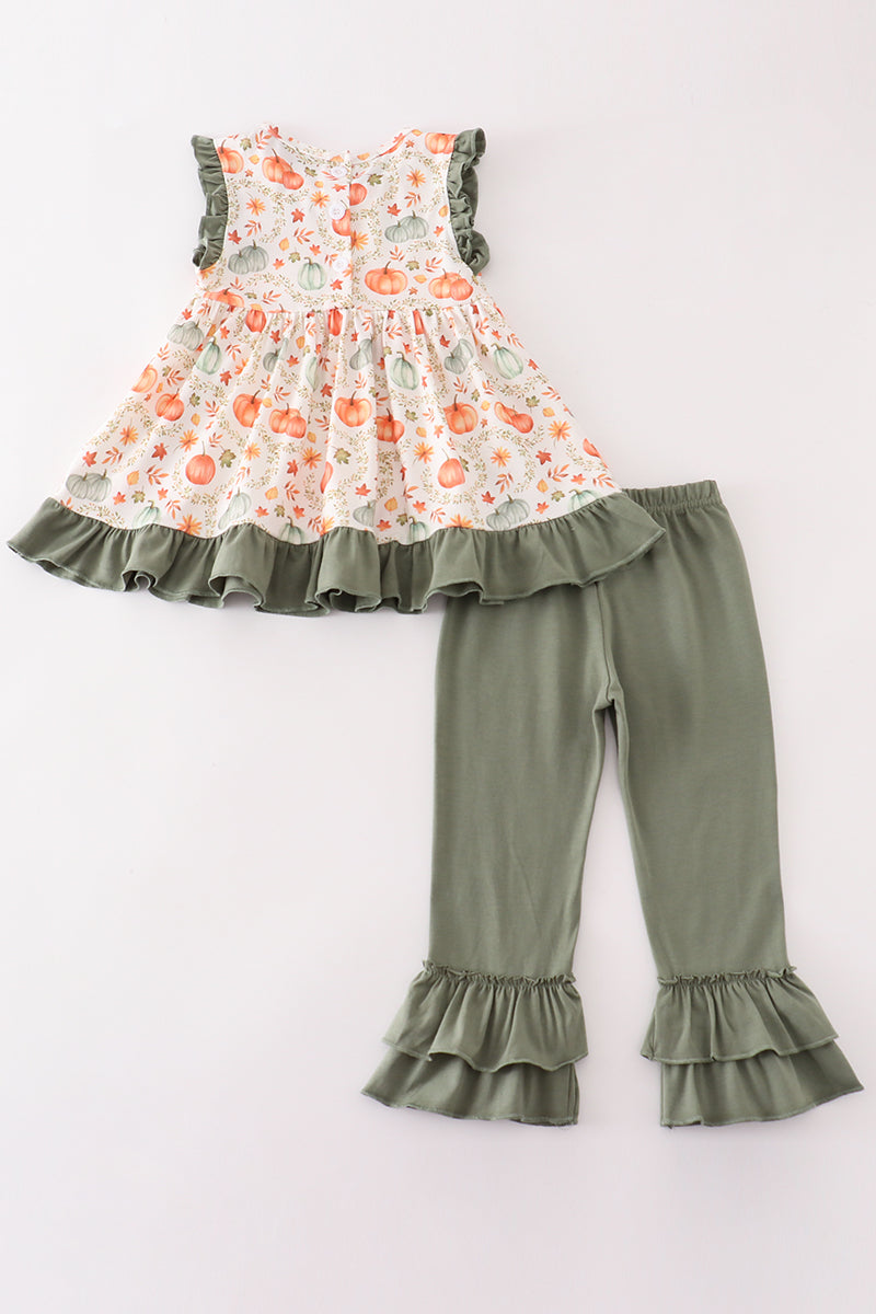 Green pumpkin ruffle girl pants set