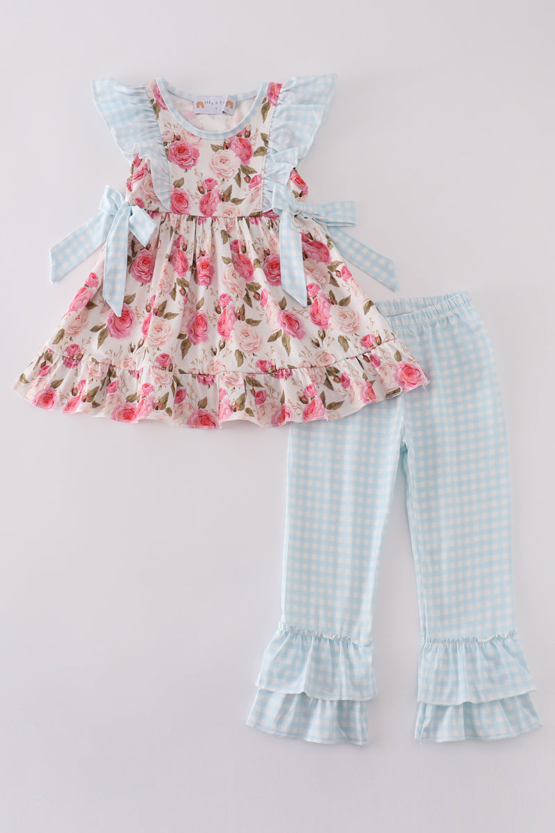 Pink floral print ruffle girl set