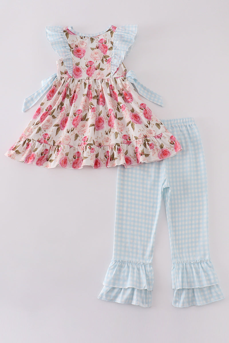 Pink floral print ruffle girl set